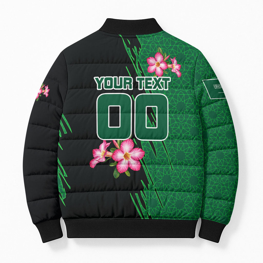 Personalized Saudi Arabia Football Bomber Puffer Jacket Falcon Mascot Green - Desert Rose Geometric