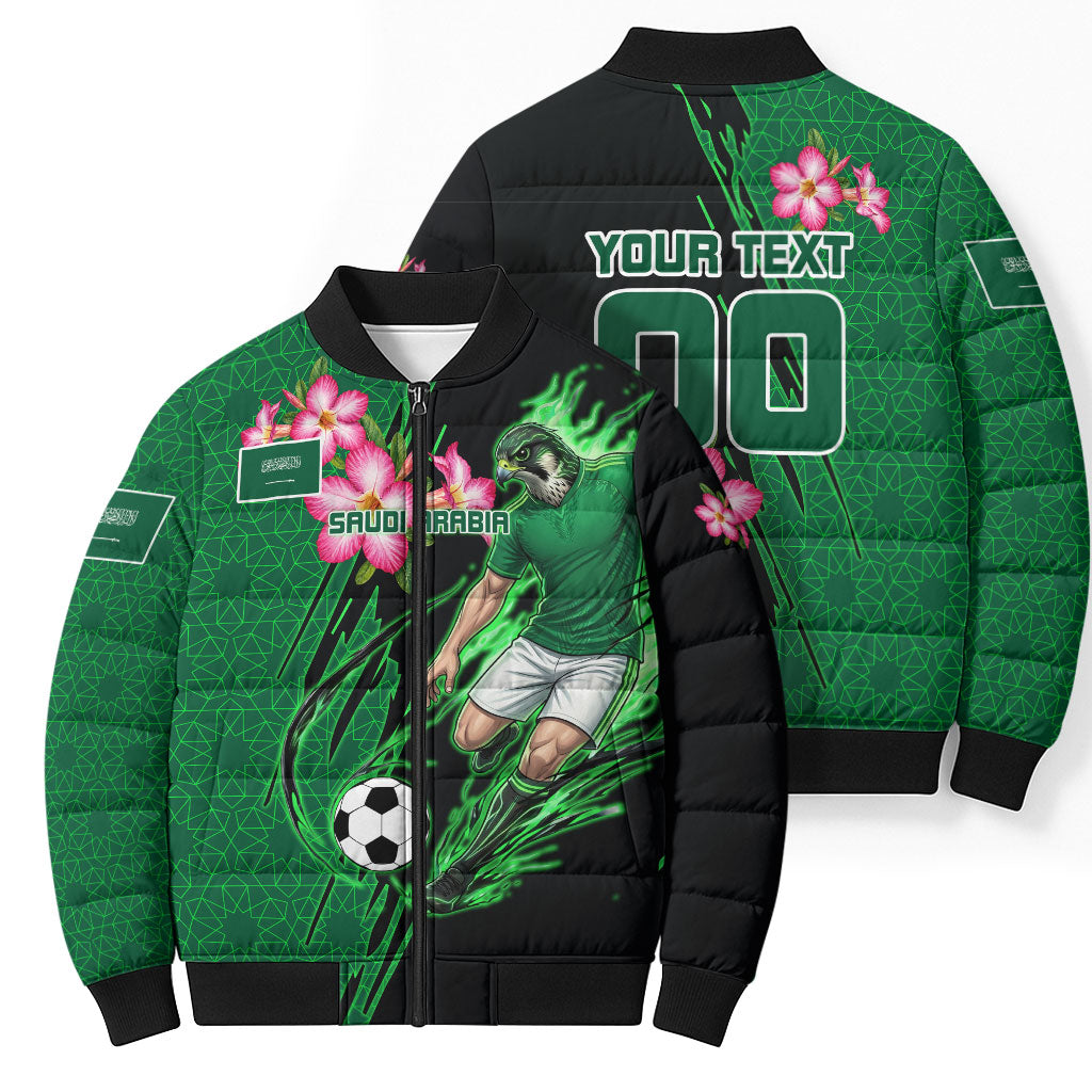 Personalized Saudi Arabia Football Bomber Puffer Jacket Falcon Mascot Green - Desert Rose Geometric