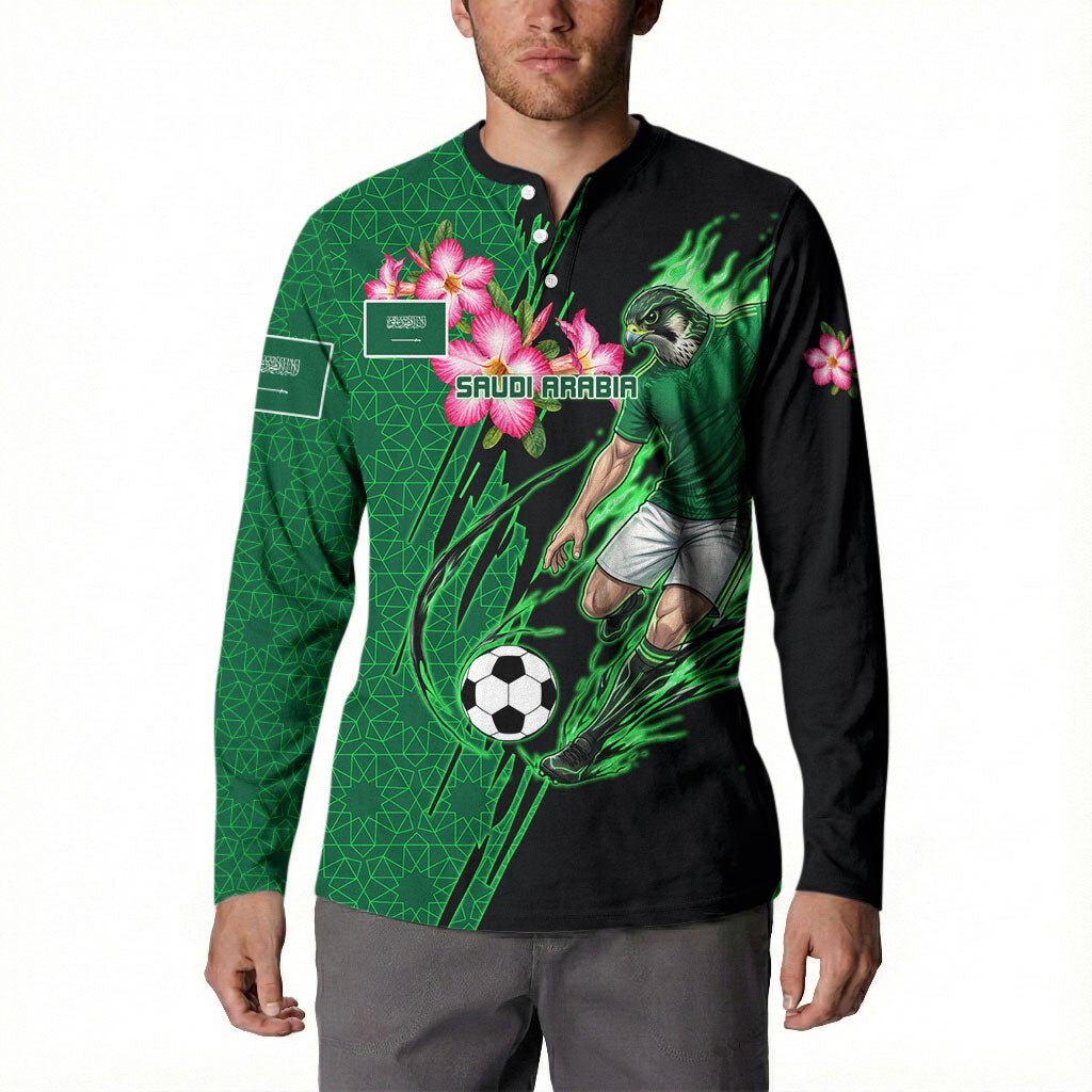 Personalized Saudi Arabia Football Button Sweatshirt Falcon Mascot Green - Desert Rose Geometric