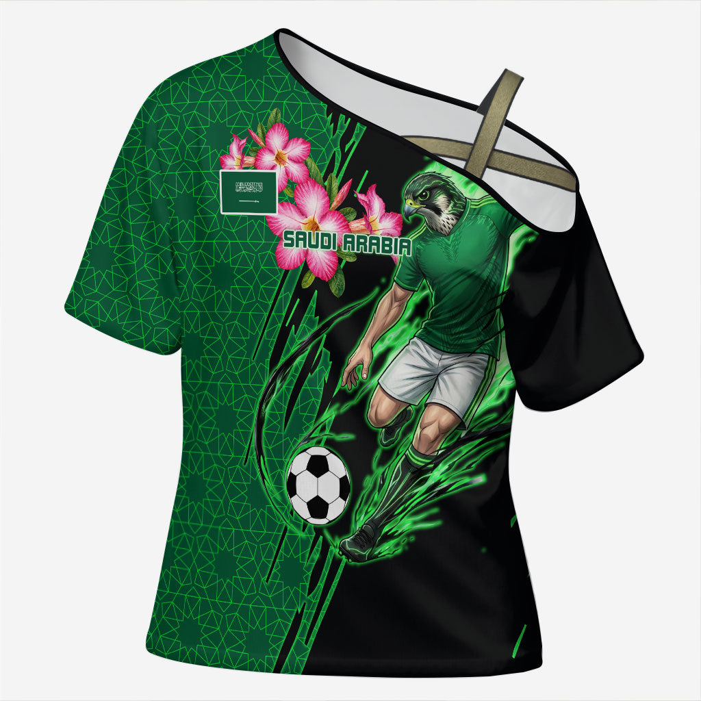 Personalized Saudi Arabia Football Cross Shoulder Shirt Falcon Mascot Green - Desert Rose Geometric