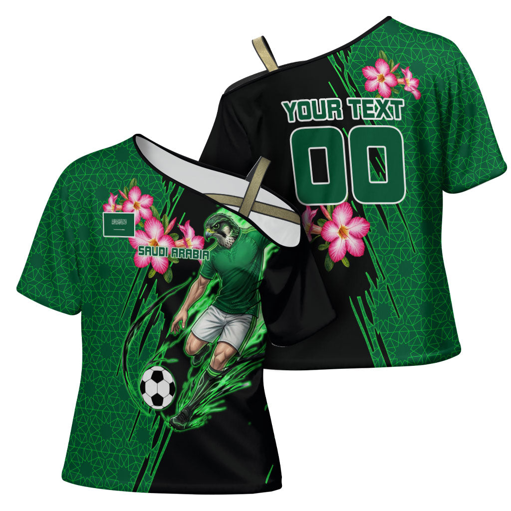 Personalized Saudi Arabia Football Cross Shoulder Shirt Falcon Mascot Green - Desert Rose Geometric