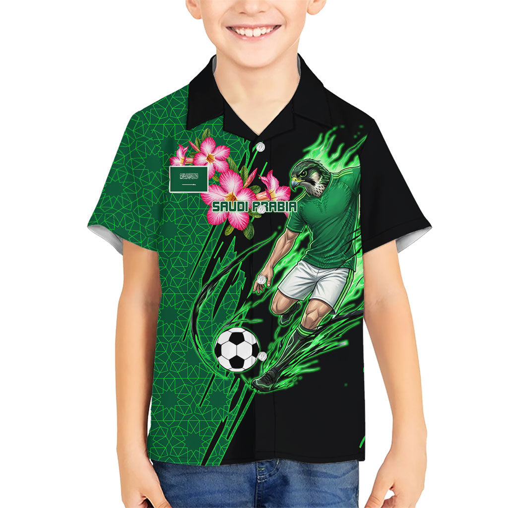 Personalized Saudi Arabia Football Kid Hawaiian Shirt Falcon Mascot Green - Desert Rose Geometric