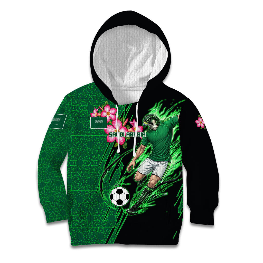 Personalized Saudi Arabia Football Kid Hoodie Falcon Mascot Green - Desert Rose Geometric