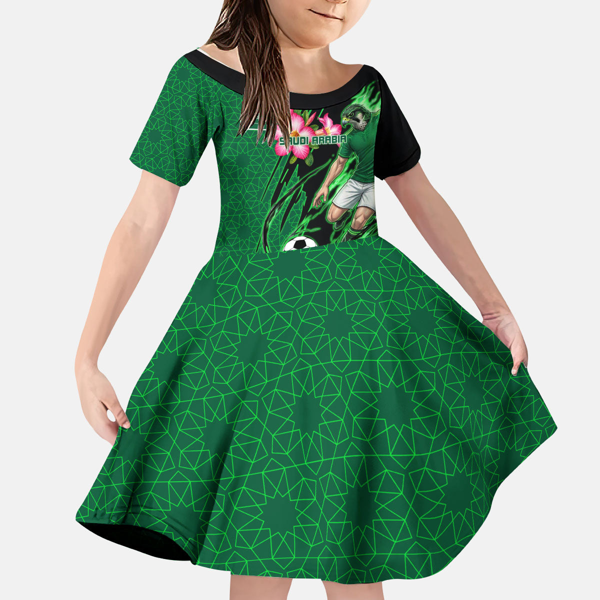Personalized Saudi Arabia Football Kid Short Sleeve Dress Falcon Mascot Green - Desert Rose Geometric