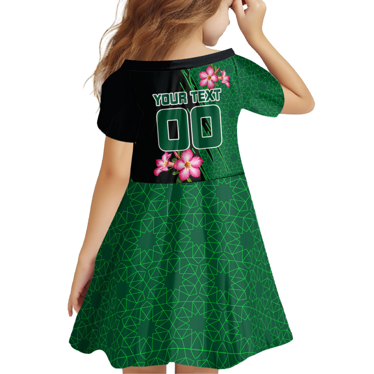 Personalized Saudi Arabia Football Kid Short Sleeve Dress Falcon Mascot Green - Desert Rose Geometric
