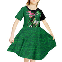 Personalized Saudi Arabia Football Kid Short Sleeve Dress Falcon Mascot Green - Desert Rose Geometric