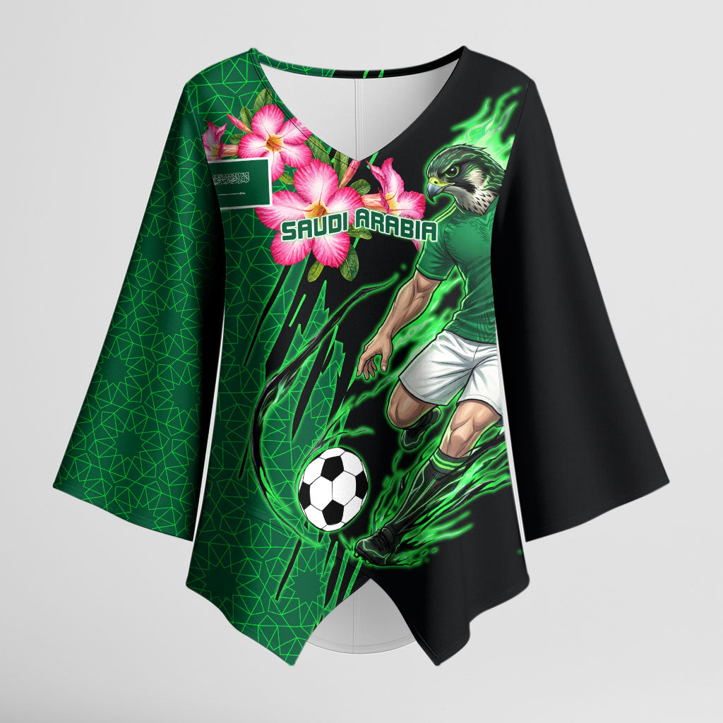 Personalized Saudi Arabia Football Kimono Sleeve Blouse Falcon Mascot Green - Desert Rose Geometric