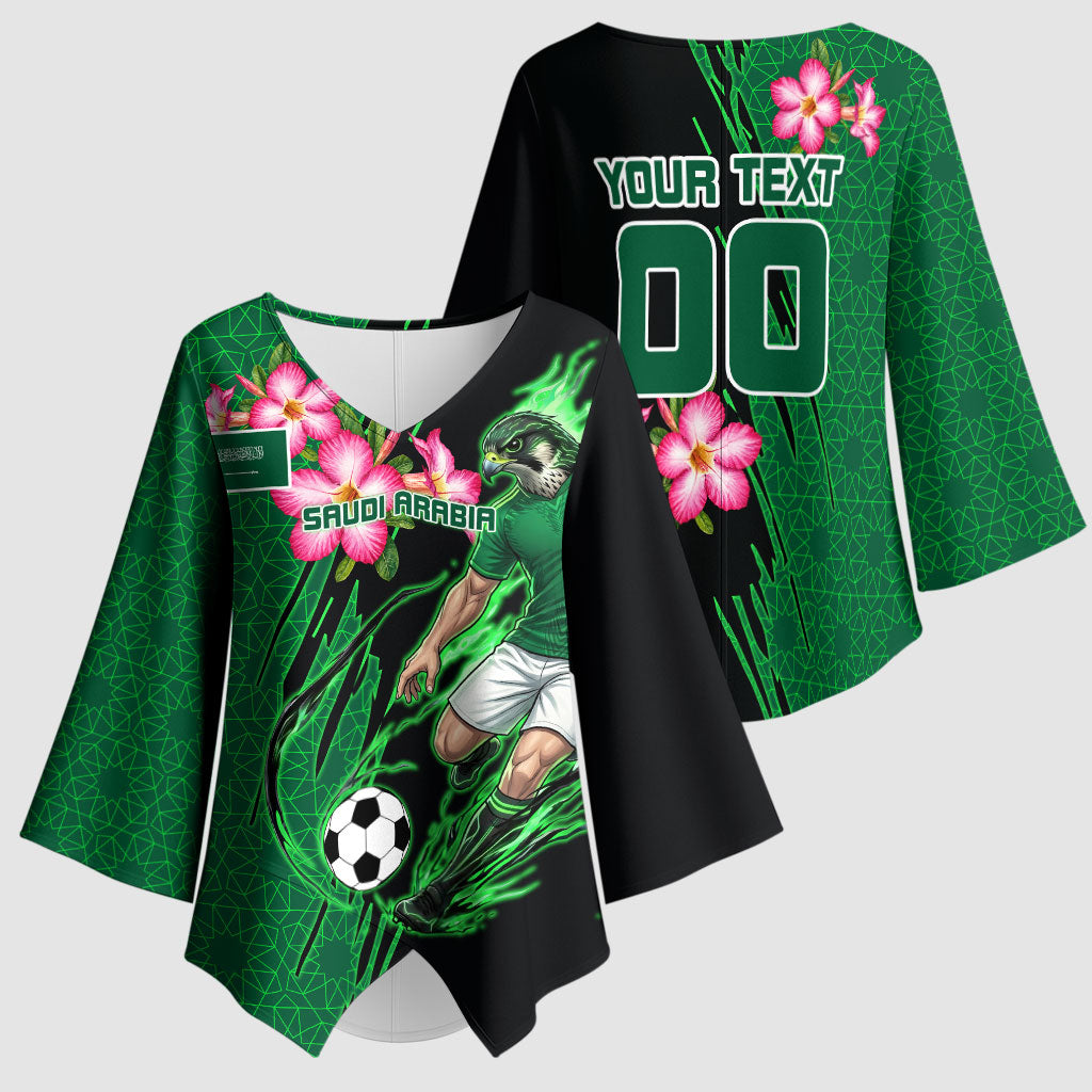 Personalized Saudi Arabia Football Kimono Sleeve Blouse Falcon Mascot Green - Desert Rose Geometric