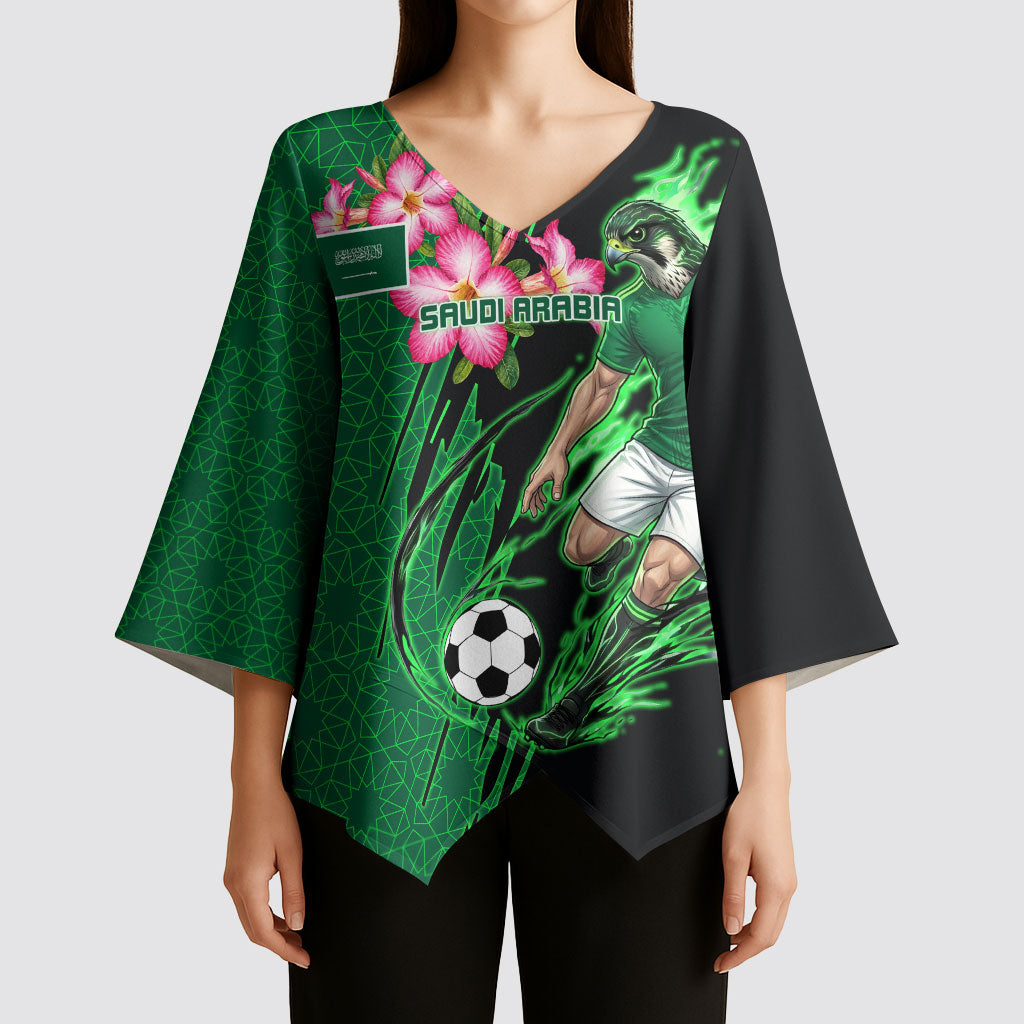 Personalized Saudi Arabia Football Kimono Sleeve Blouse Falcon Mascot Green - Desert Rose Geometric