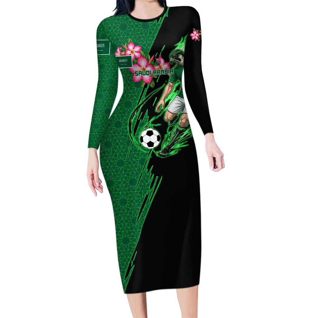 Personalized Saudi Arabia Football Long Sleeve Bodycon Dress Falcon Mascot Green - Desert Rose Geometric