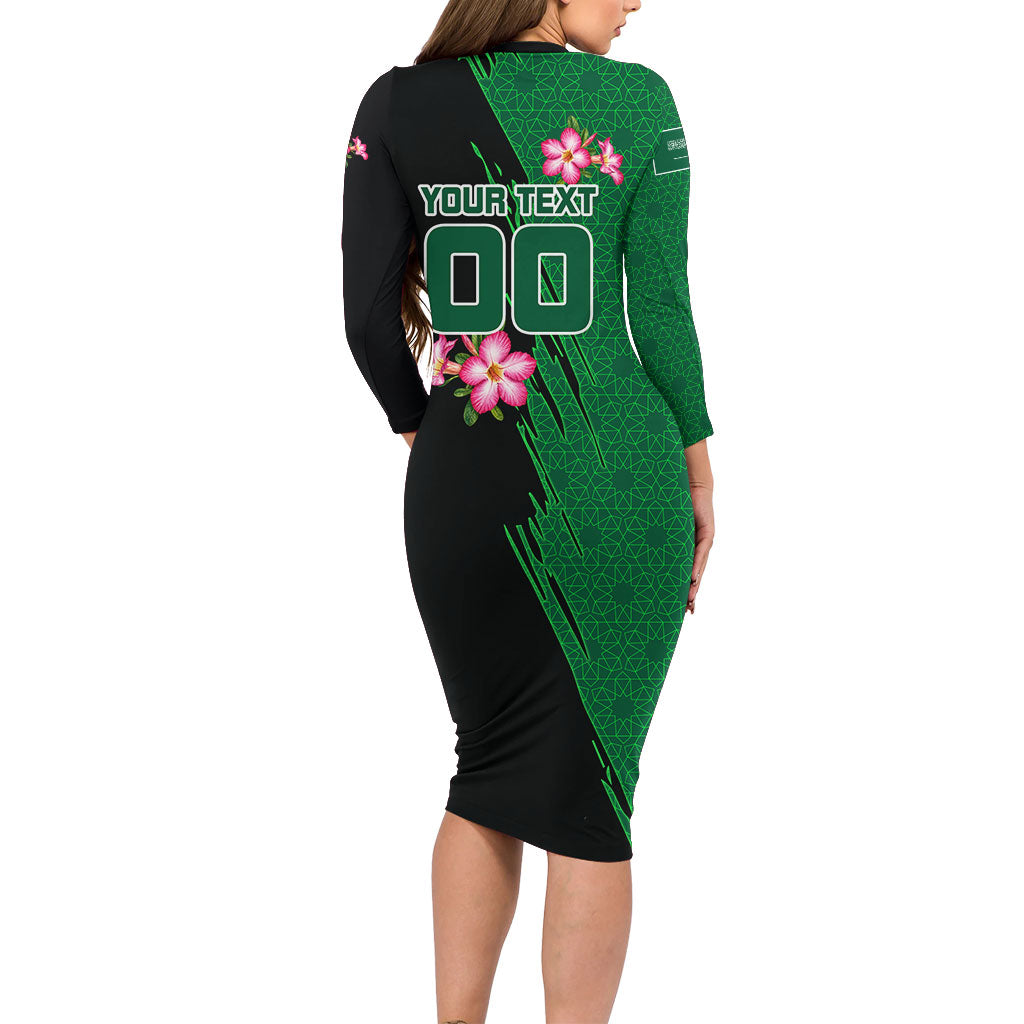 Personalized Saudi Arabia Football Long Sleeve Bodycon Dress Falcon Mascot Green - Desert Rose Geometric
