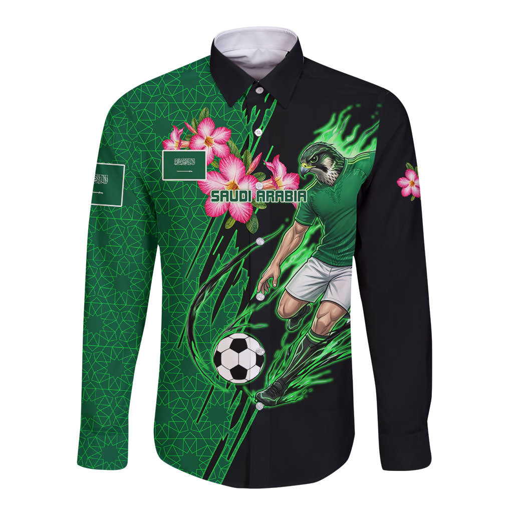Personalized Saudi Arabia Football Long Sleeve Button Shirt Falcon Mascot Green - Desert Rose Geometric