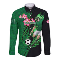 Personalized Saudi Arabia Football Long Sleeve Button Shirt Falcon Mascot Green - Desert Rose Geometric