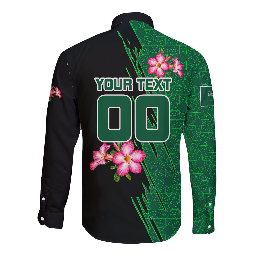 Personalized Saudi Arabia Football Long Sleeve Button Shirt Falcon Mascot Green - Desert Rose Geometric