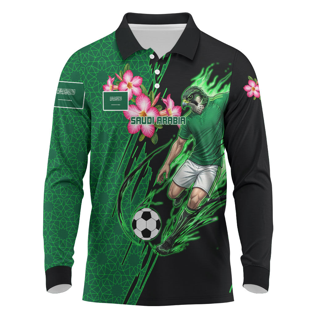 Personalized Saudi Arabia Football Long Sleeve Polo Shirt Falcon Mascot Green - Desert Rose Geometric
