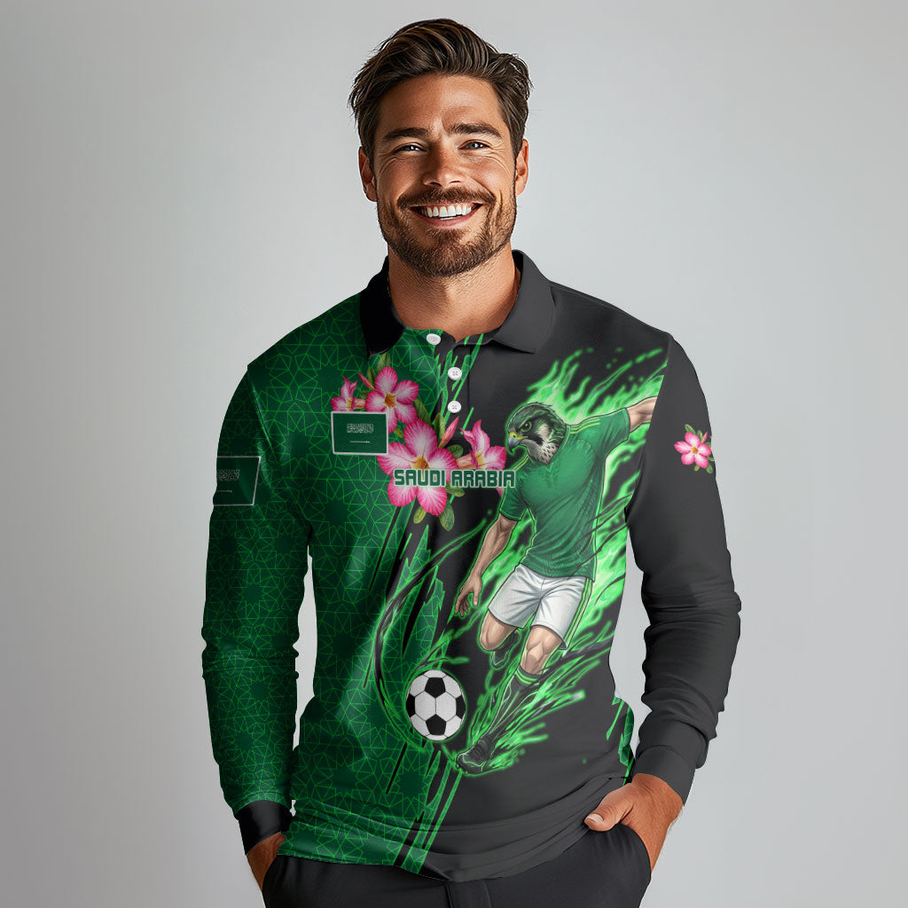 Personalized Saudi Arabia Football Long Sleeve Polo Shirt Falcon Mascot Green - Desert Rose Geometric