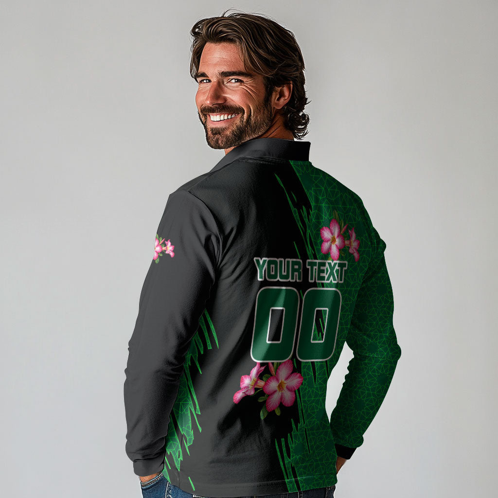 Personalized Saudi Arabia Football Long Sleeve Polo Shirt Falcon Mascot Green - Desert Rose Geometric