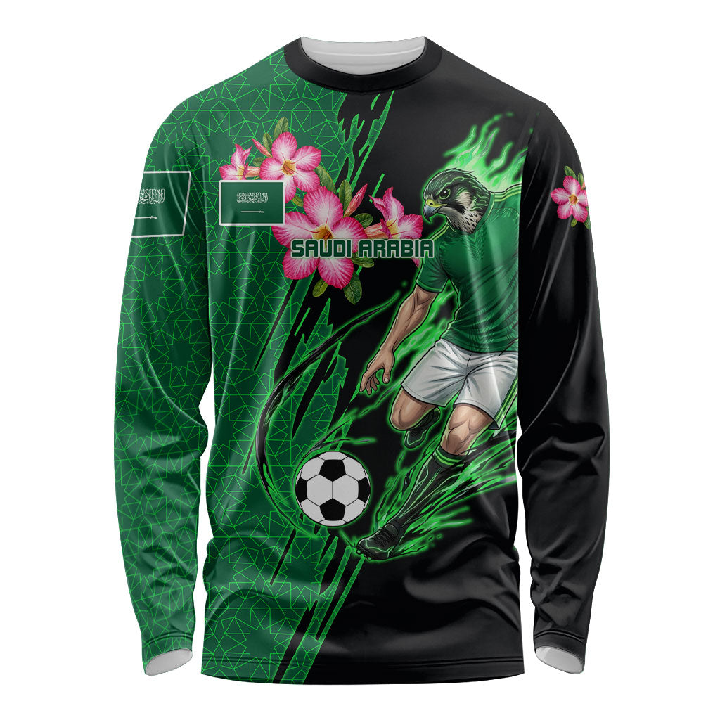 Personalized Saudi Arabia Football Long Sleeve Shirt Falcon Mascot Green - Desert Rose Geometric