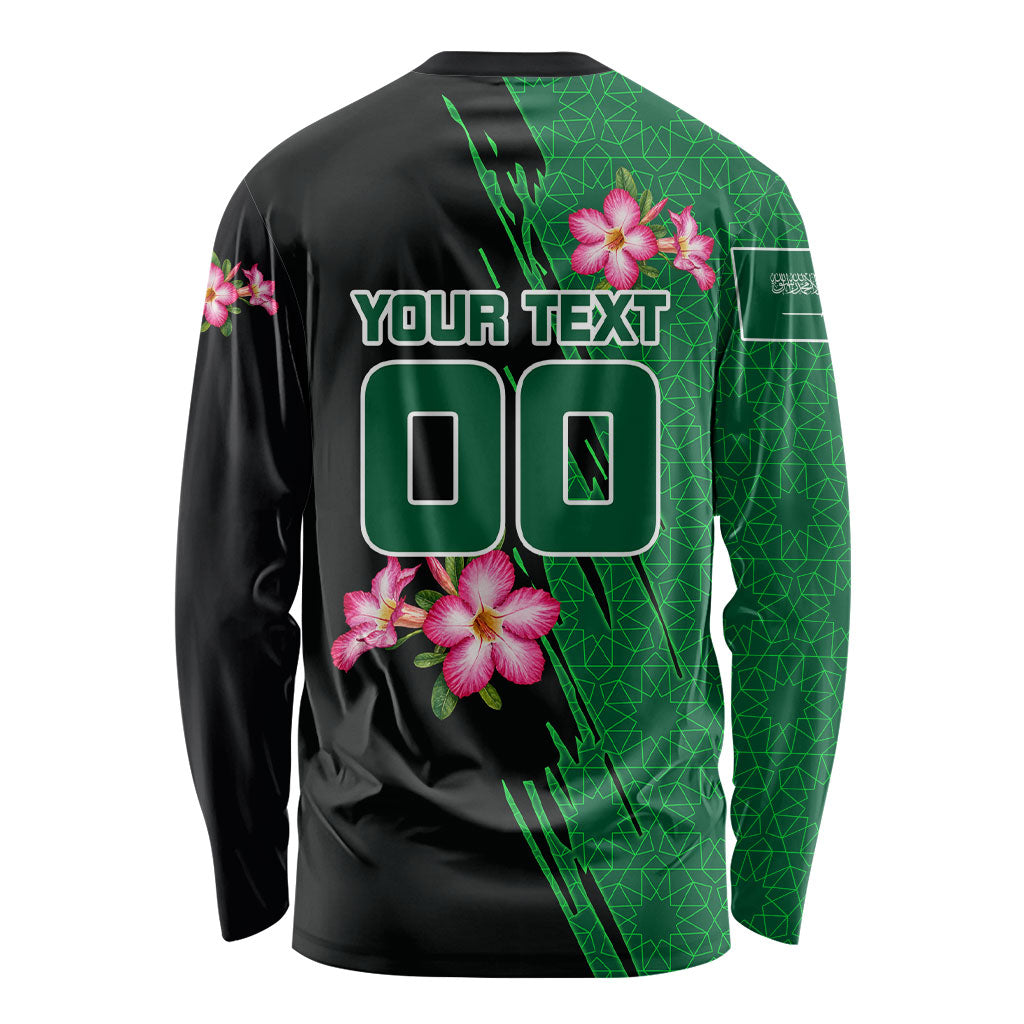 Personalized Saudi Arabia Football Long Sleeve Shirt Falcon Mascot Green - Desert Rose Geometric