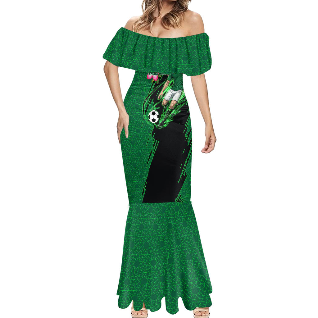 Personalized Saudi Arabia Football Mermaid Dress Falcon Mascot Green - Desert Rose Geometric