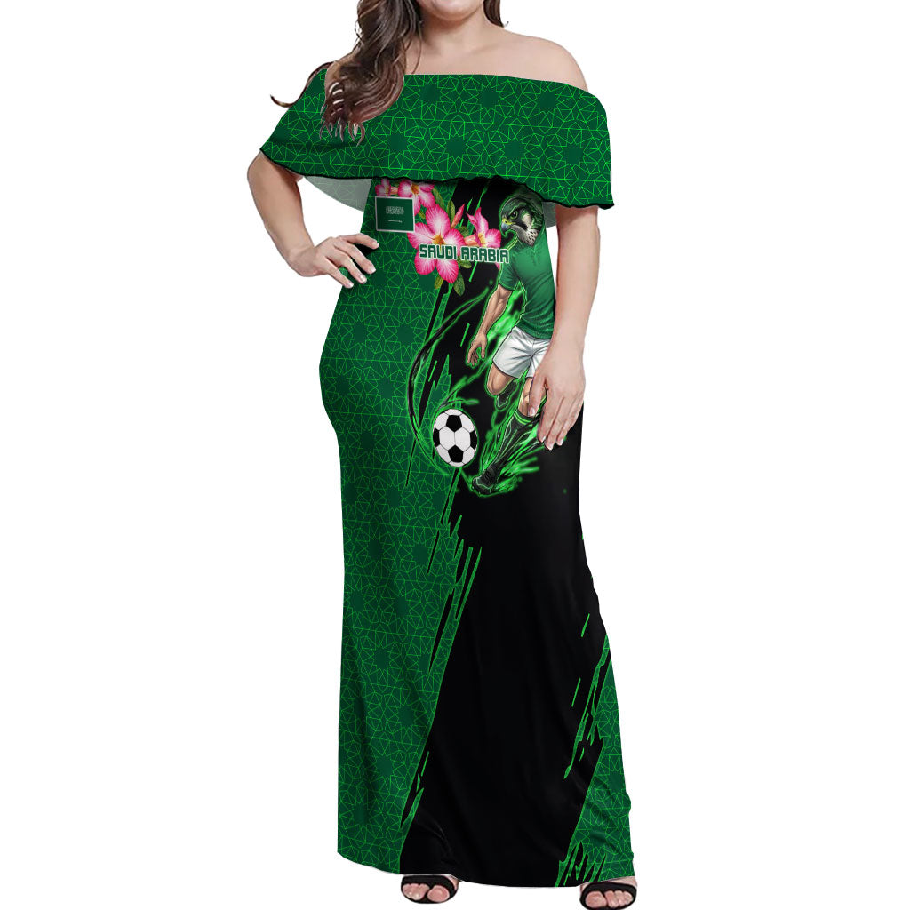 Personalized Saudi Arabia Football Off Shoulder Maxi Dress Falcon Mascot Green - Desert Rose Geometric