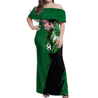 Personalized Saudi Arabia Football Off Shoulder Maxi Dress Falcon Mascot Green - Desert Rose Geometric