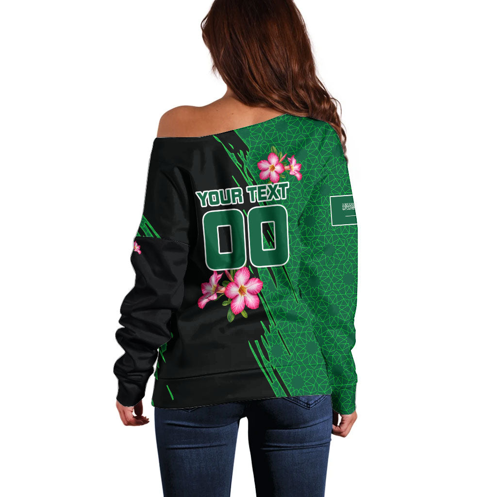 Personalized Saudi Arabia Football Off Shoulder Sweater Falcon Mascot Green - Desert Rose Geometric