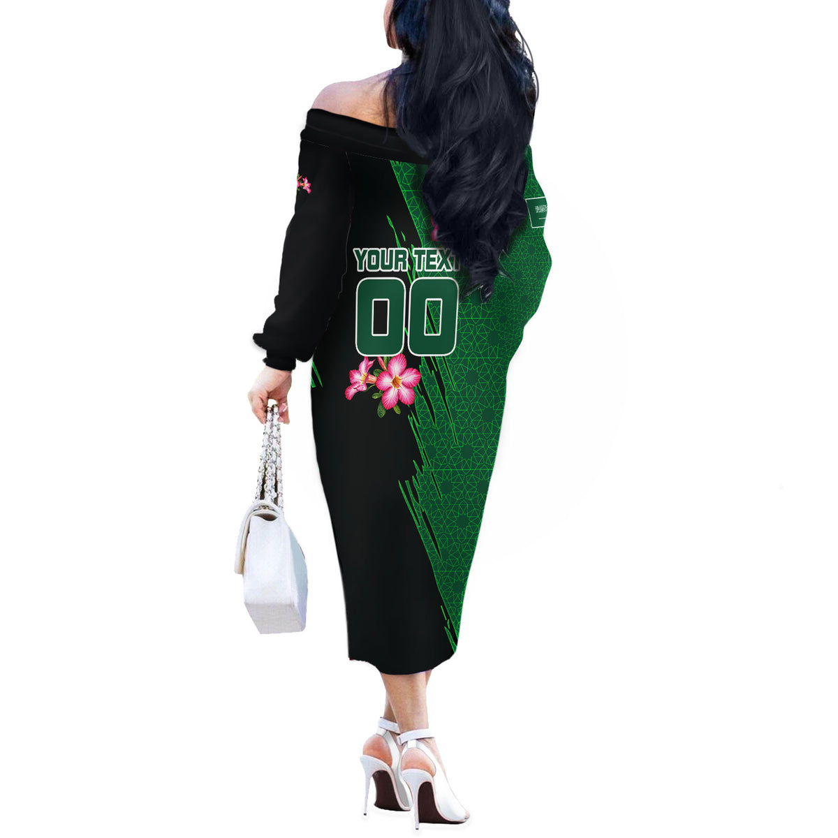 Personalized Saudi Arabia Football Off The Shoulder Long Sleeve Dress Falcon Mascot Green - Desert Rose Geometric