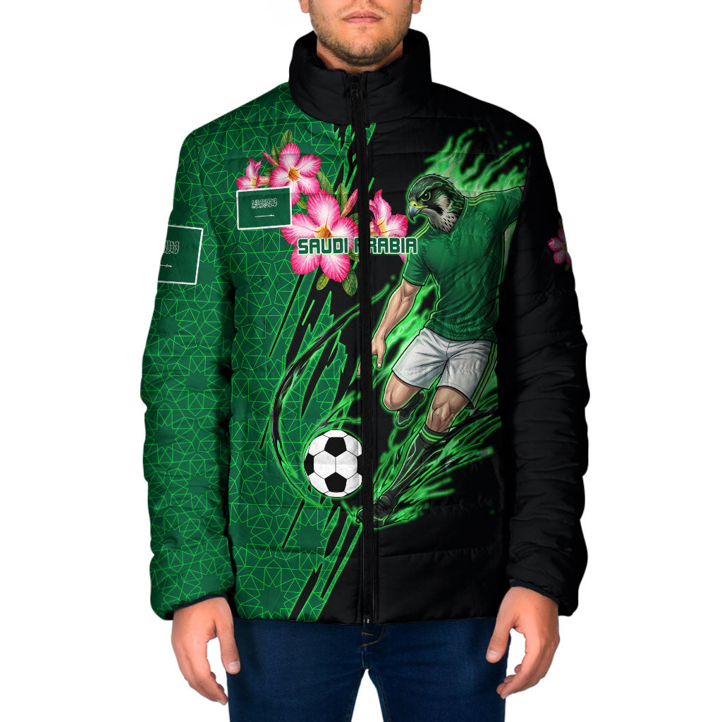 Personalized Saudi Arabia Football Padded Jacket Falcon Mascot Green - Desert Rose Geometric
