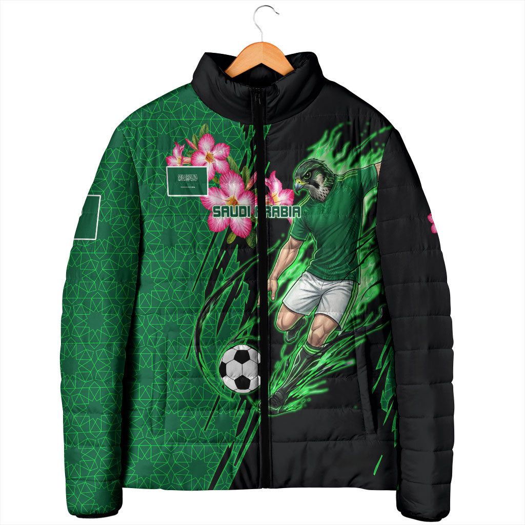 Personalized Saudi Arabia Football Padded Jacket Falcon Mascot Green - Desert Rose Geometric