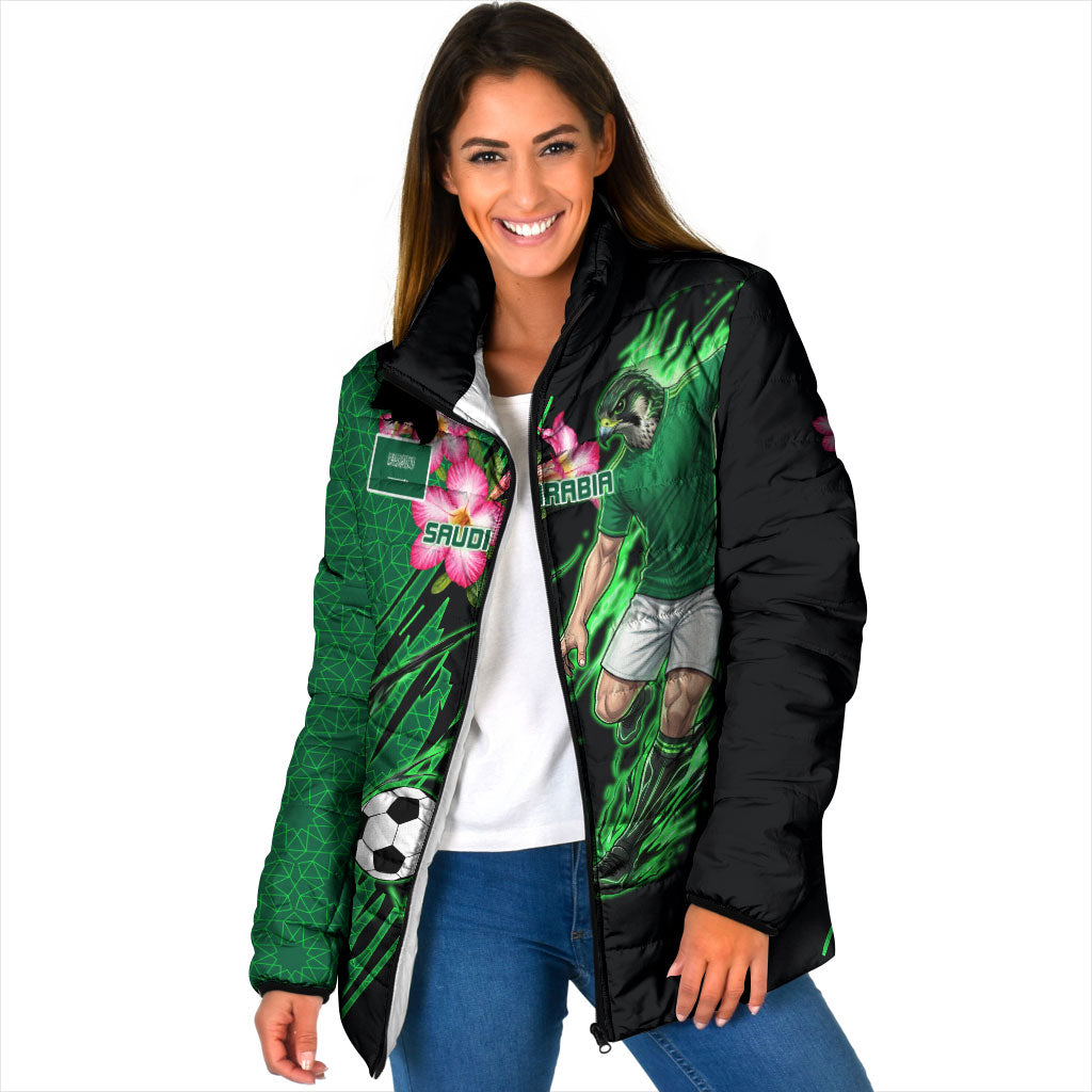 Personalized Saudi Arabia Football Padded Jacket Falcon Mascot Green - Desert Rose Geometric
