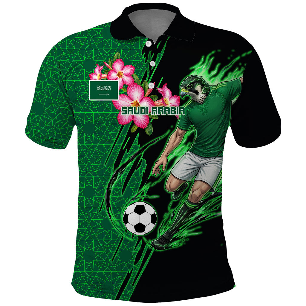Personalized Saudi Arabia Football Polo Shirt Falcon Mascot Green - Desert Rose Geometric