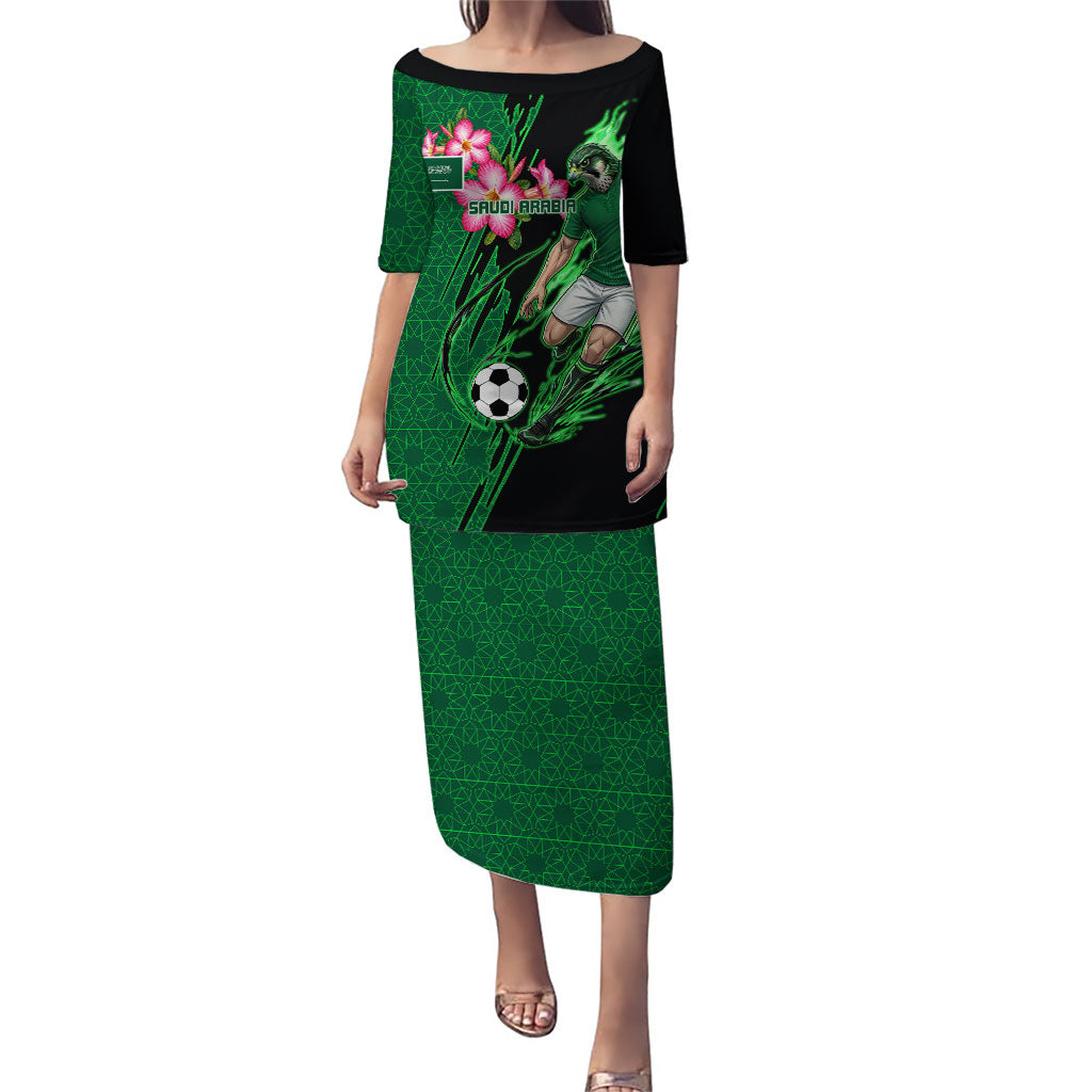 Personalized Saudi Arabia Football Puletasi Falcon Mascot Green - Desert Rose Geometric