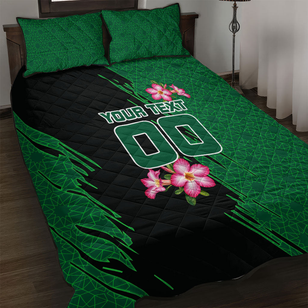 Personalized Saudi Arabia Football Quilt Bed Set Falcon Mascot Green - Desert Rose Geometric