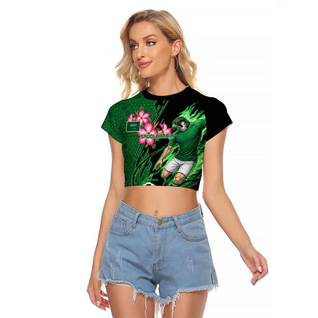 Personalized Saudi Arabia Football Raglan Cropped T Shirt Falcon Mascot Green - Desert Rose Geometric