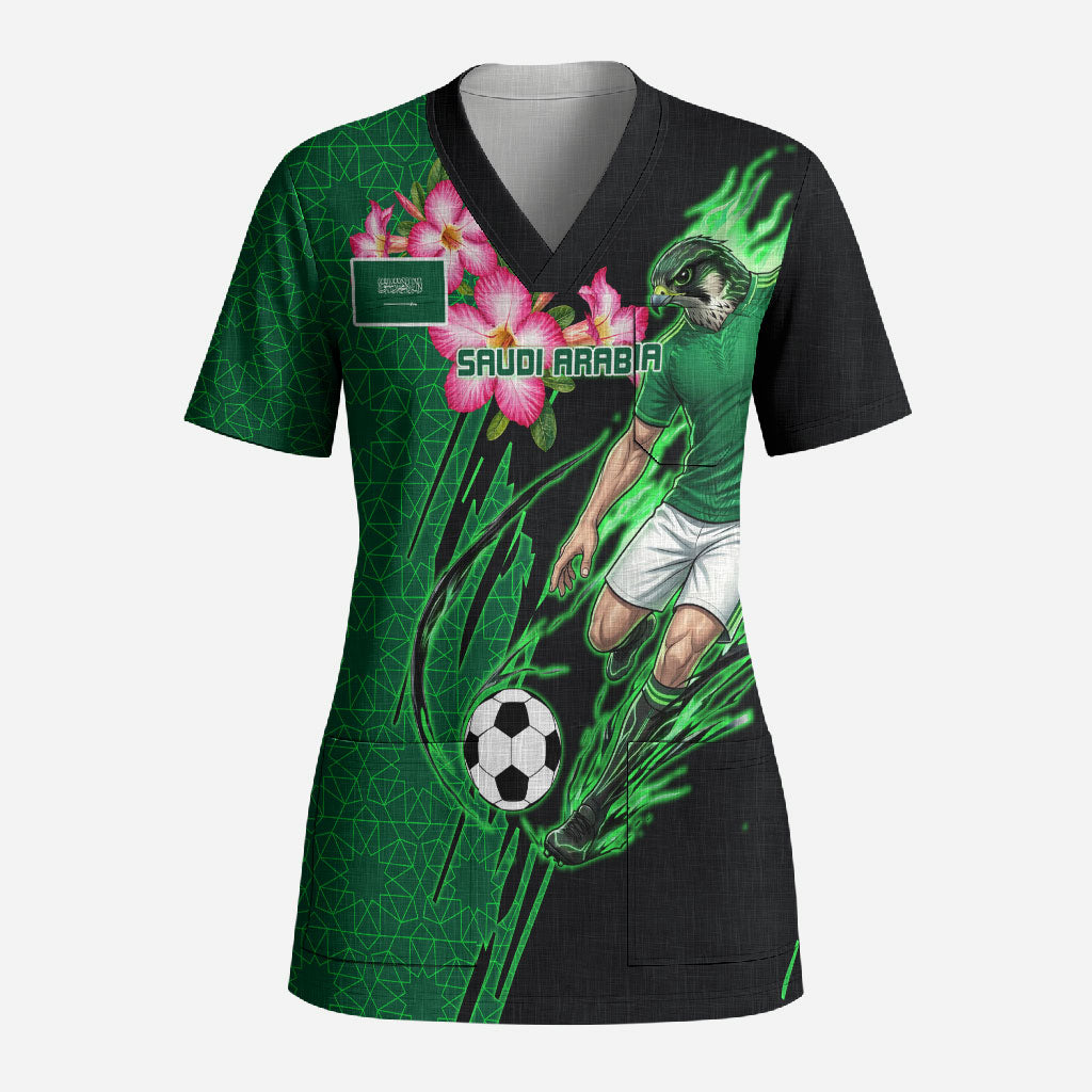 Personalized Saudi Arabia Football Scrub Top Falcon Mascot Green - Desert Rose Geometric