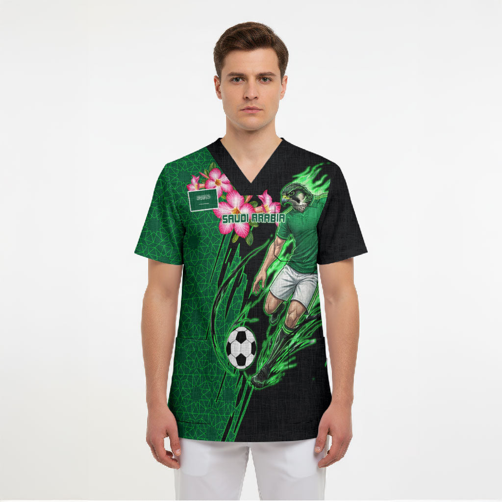 Personalized Saudi Arabia Football Scrub Top Falcon Mascot Green - Desert Rose Geometric