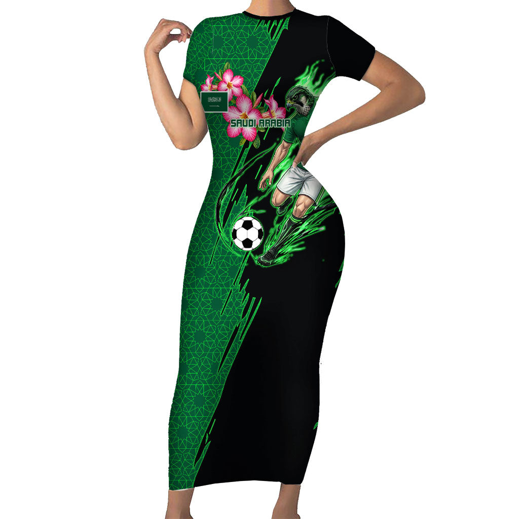 Personalized Saudi Arabia Football Short Sleeve Bodycon Dress Falcon Mascot Green - Desert Rose Geometric