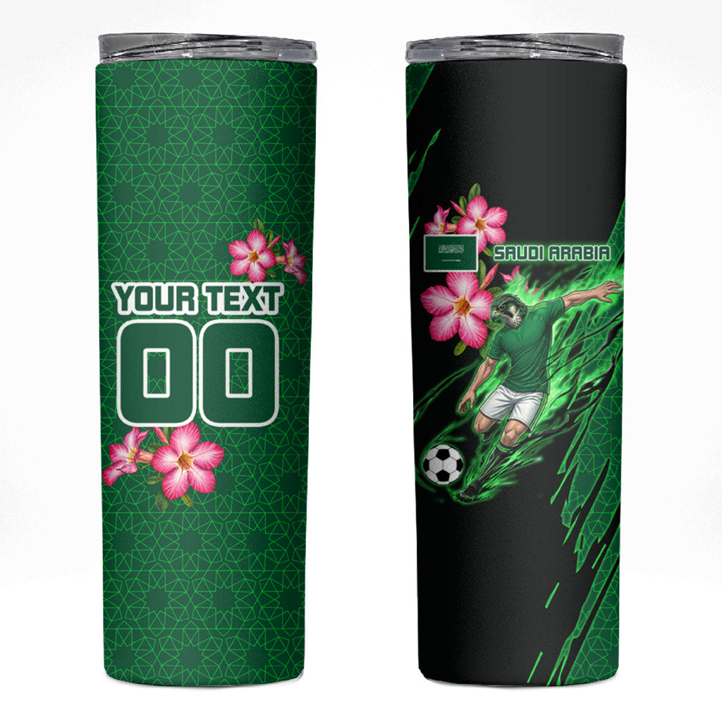 Personalized Saudi Arabia Football Skinny Tumbler Falcon Mascot Green - Desert Rose Geometric