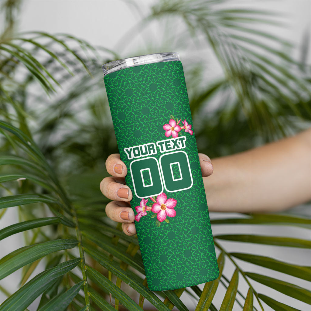 Personalized Saudi Arabia Football Skinny Tumbler Falcon Mascot Green - Desert Rose Geometric
