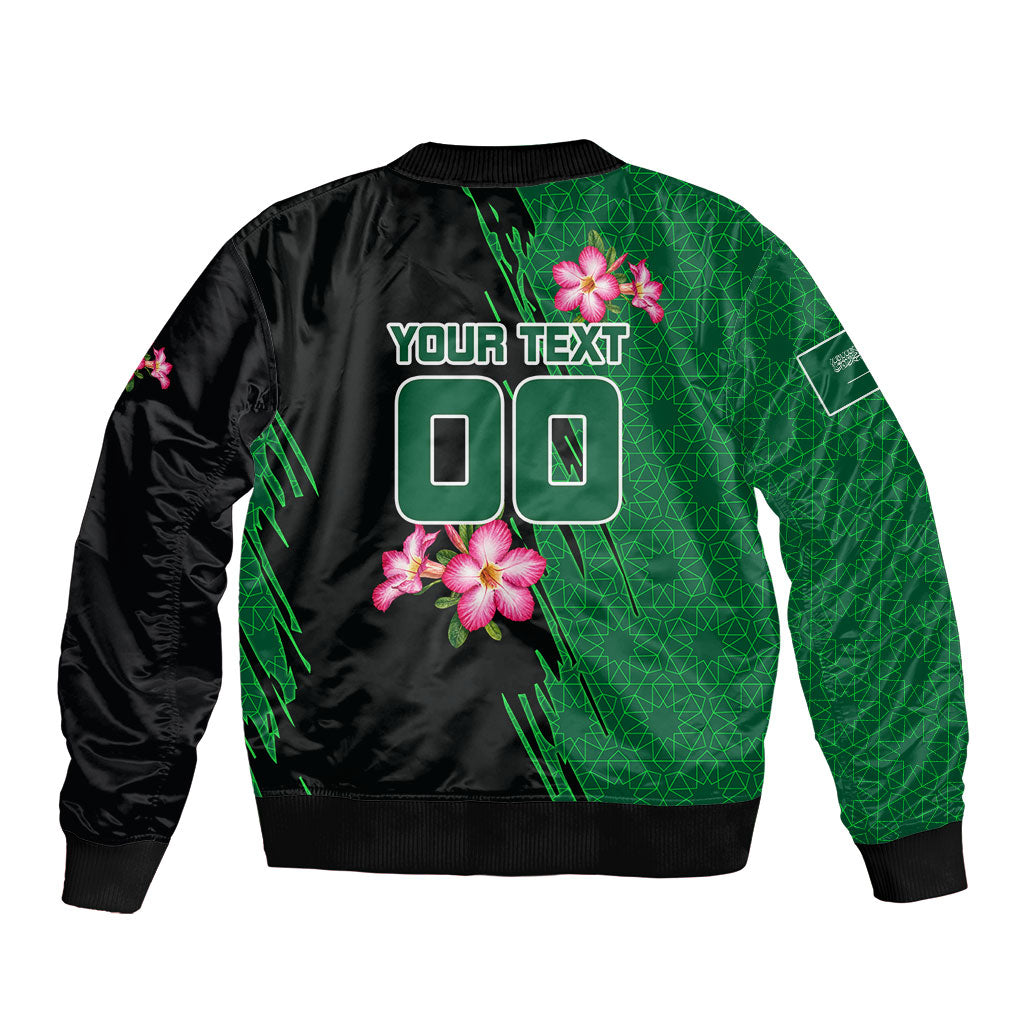 Personalized Saudi Arabia Football Sleeve Zip Bomber Jacket Falcon Mascot Green - Desert Rose Geometric