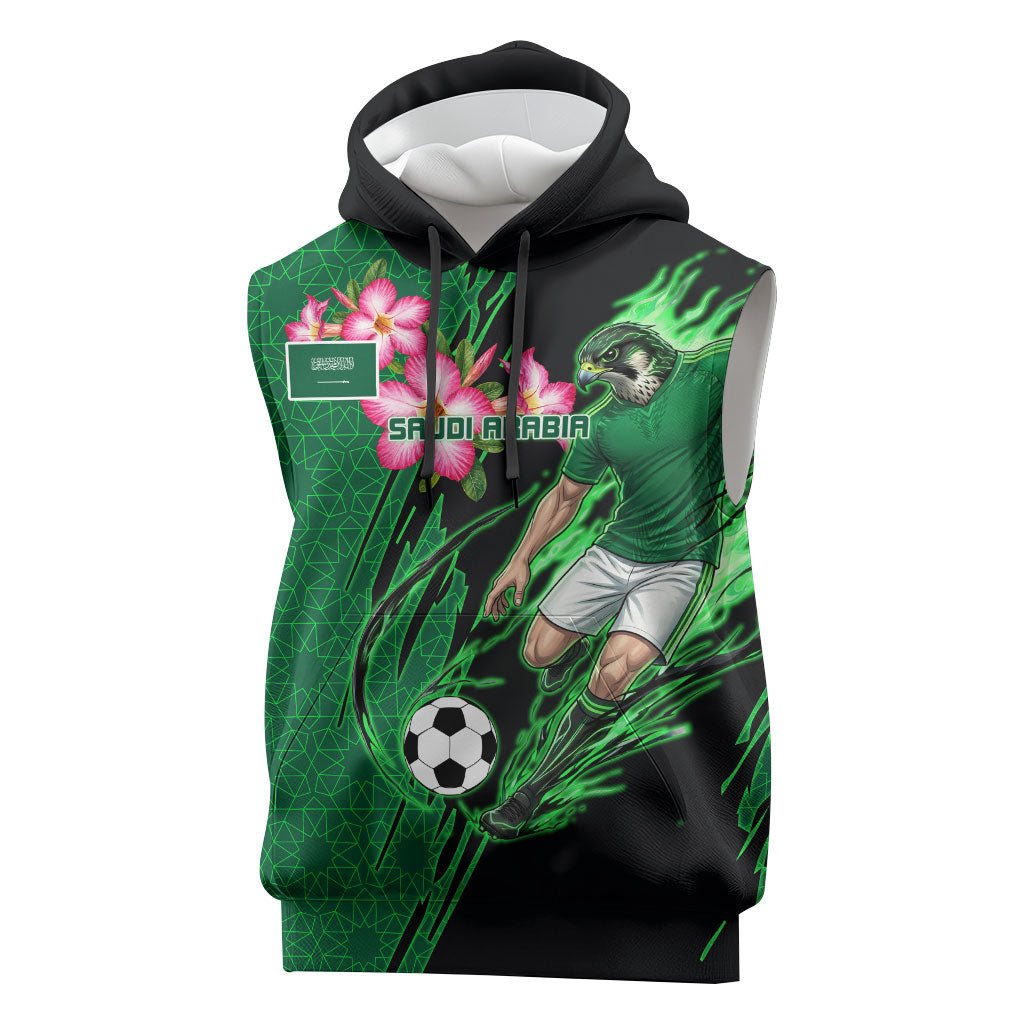 Personalized Saudi Arabia Football Sleeveless Hoodie Falcon Mascot Green - Desert Rose Geometric