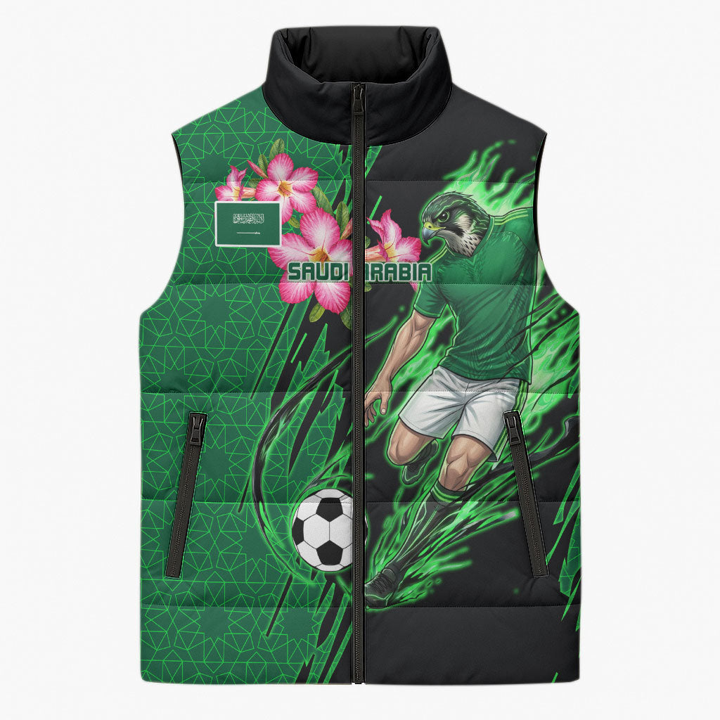 Personalized Saudi Arabia Football Sleeveless Puffer Jacket Falcon Mascot Green - Desert Rose Geometric