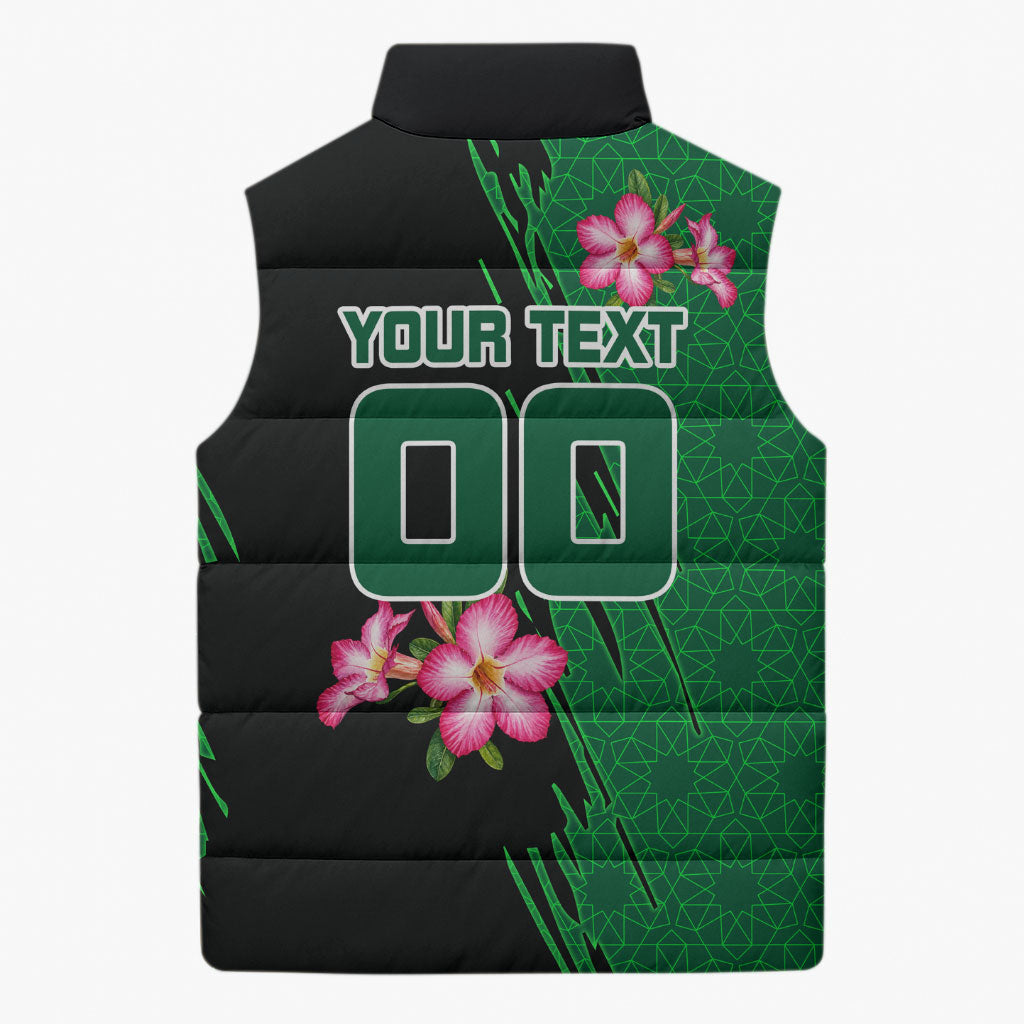 Personalized Saudi Arabia Football Sleeveless Puffer Jacket Falcon Mascot Green - Desert Rose Geometric