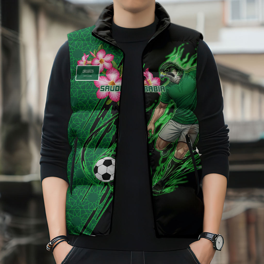 Personalized Saudi Arabia Football Sleeveless Puffer Jacket Falcon Mascot Green - Desert Rose Geometric