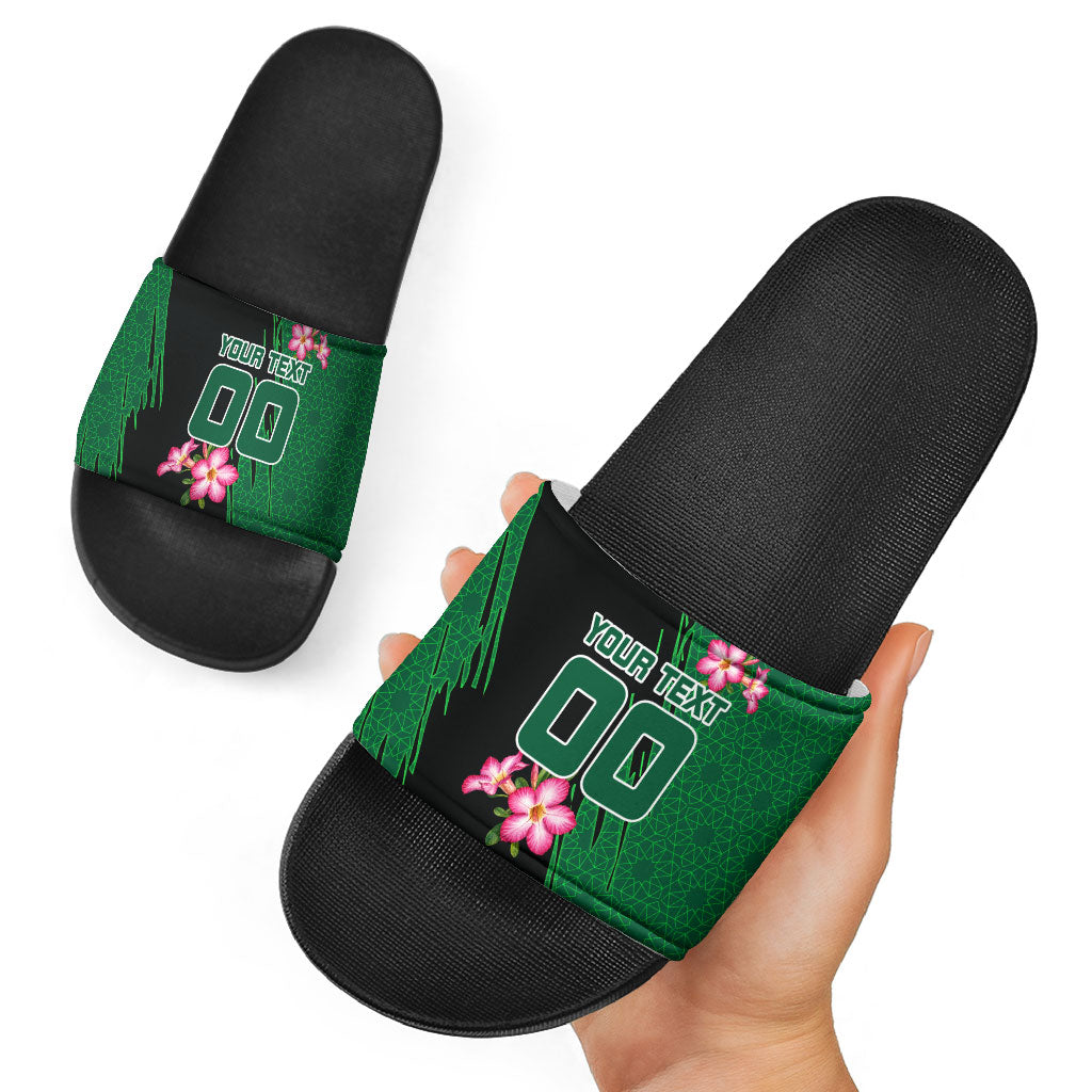 Personalized Saudi Arabia Football Slide Sandals Falcon Mascot Green - Desert Rose Geometric