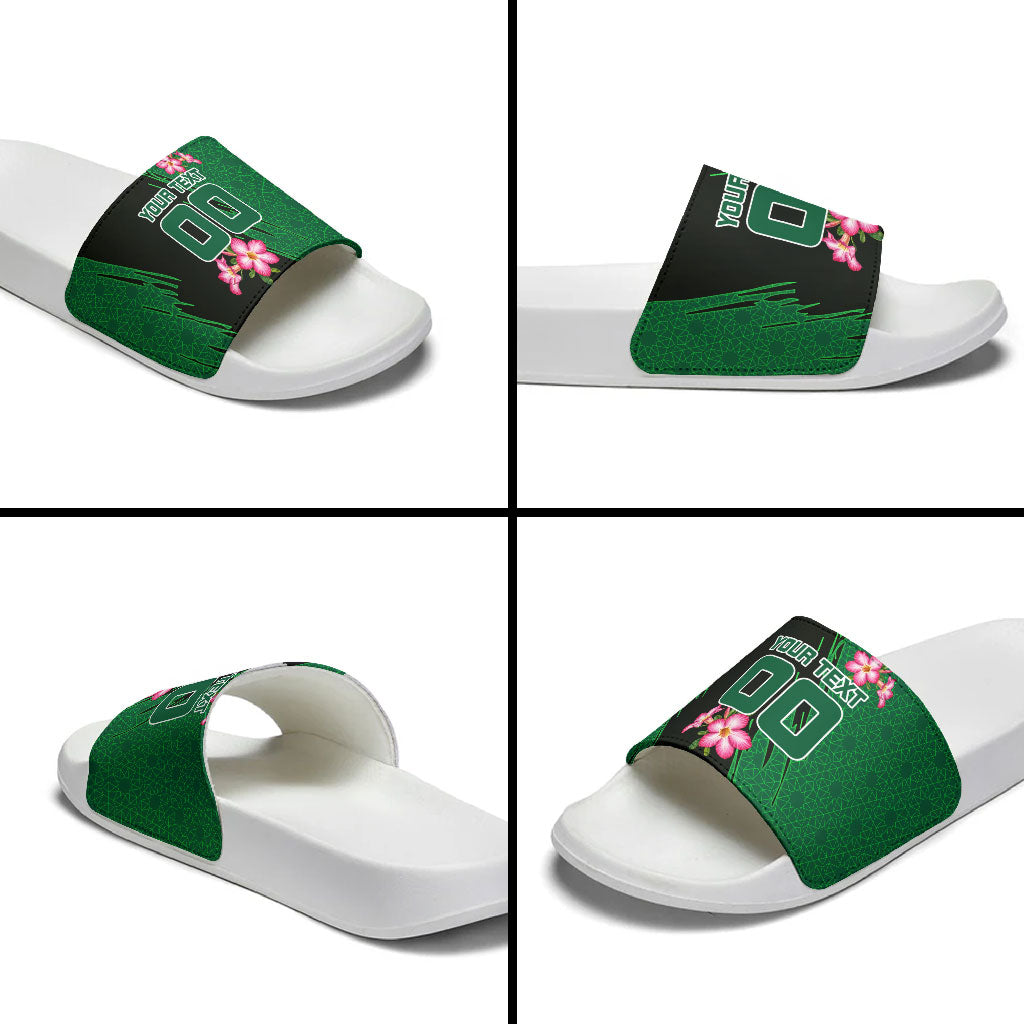 Personalized Saudi Arabia Football Slide Sandals Falcon Mascot Green - Desert Rose Geometric