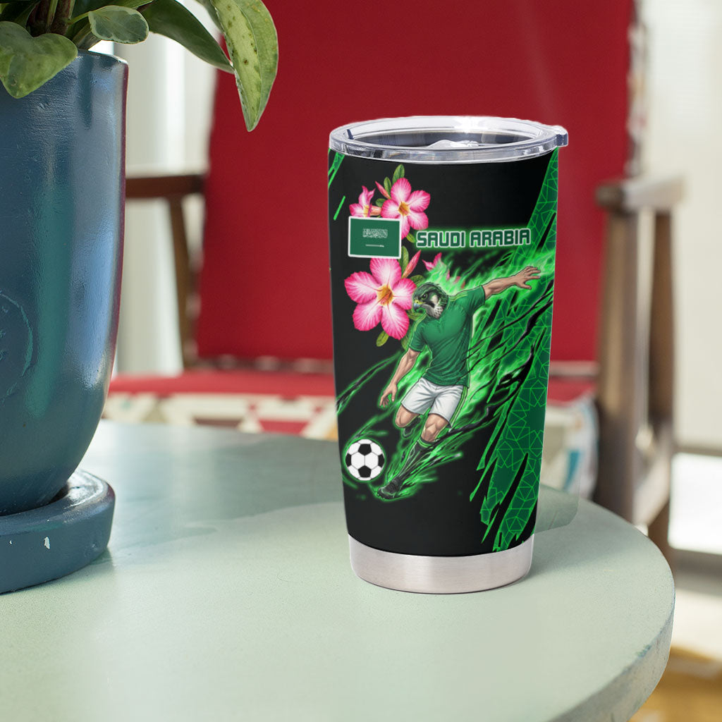Personalized Saudi Arabia Football Tumbler Cup Falcon Mascot Green - Desert Rose Geometric