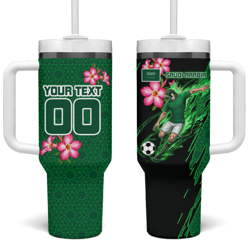 Personalized Saudi Arabia Football Tumbler With Handle Falcon Mascot Green - Desert Rose Geometric