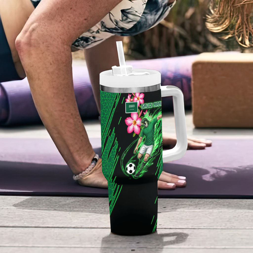 Personalized Saudi Arabia Football Tumbler With Handle Falcon Mascot Green - Desert Rose Geometric